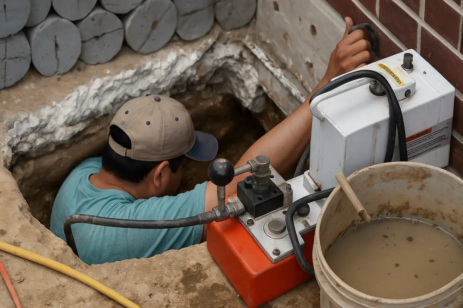 FNF Foundation Repair technician running a hydraulic pump on a Houston foundation job site